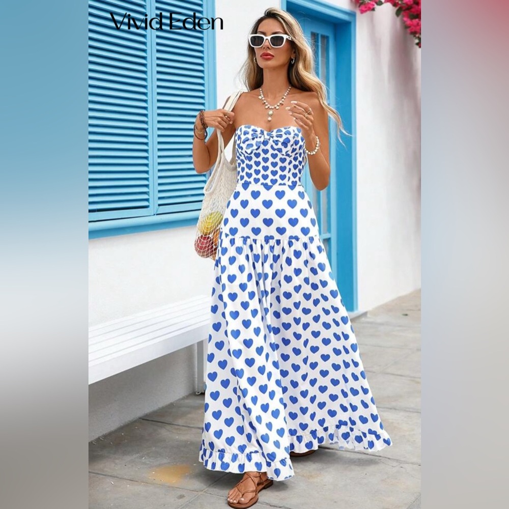 Blue Heart Print Strapless Dress